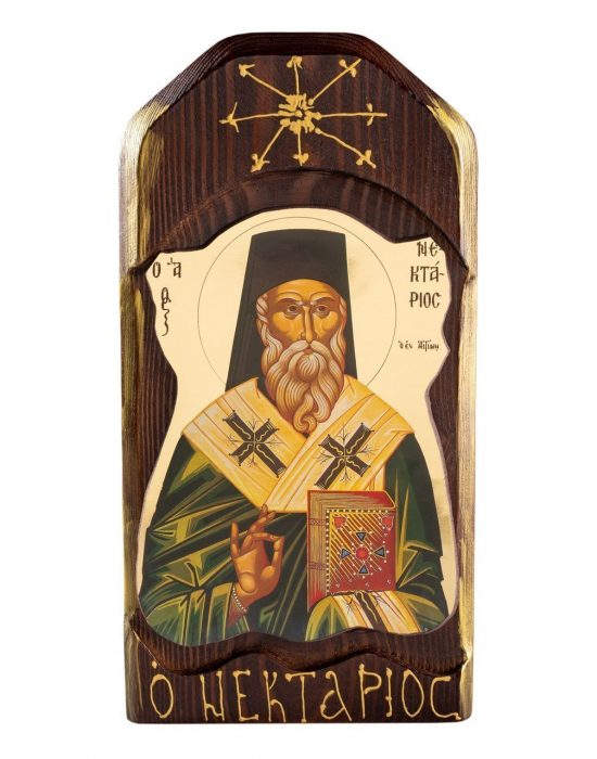 Aegina Eshop Saint Nektarios Aegina Icon, Aged, on fir wood Big