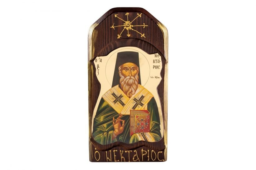 Aegina Eshop Saint Nektarios Aegina Icon, Aged, on fir wood Big